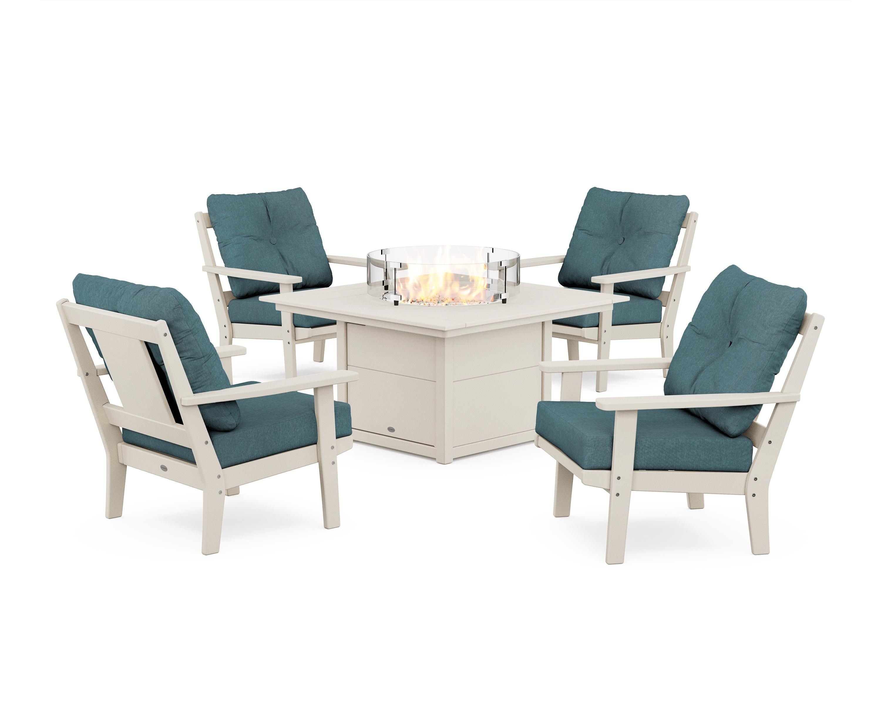 POLYWOOD® Prairie 5-Piece Deep Seating Set with Fire Pit Table in Sand / Ocean Teal