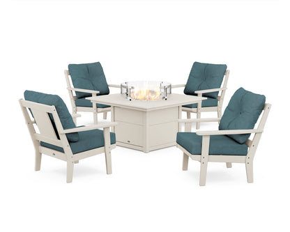 POLYWOOD® Prairie 5-Piece Deep Seating Set with Fire Pit Table in Sand / Ocean Teal
