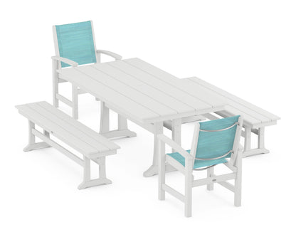 POLYWOOD® Coastal 5-Piece Farmhouse Dining Set with Trestle Legs and Benches in White / Dupioni Aquamarine Sling