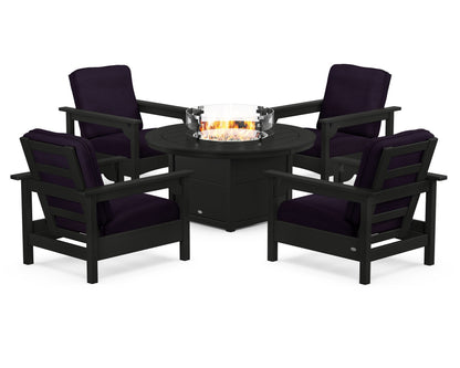 POLYWOOD® Club 5-Piece Conversation Set with Fire Pit Table in Black / Navy Linen