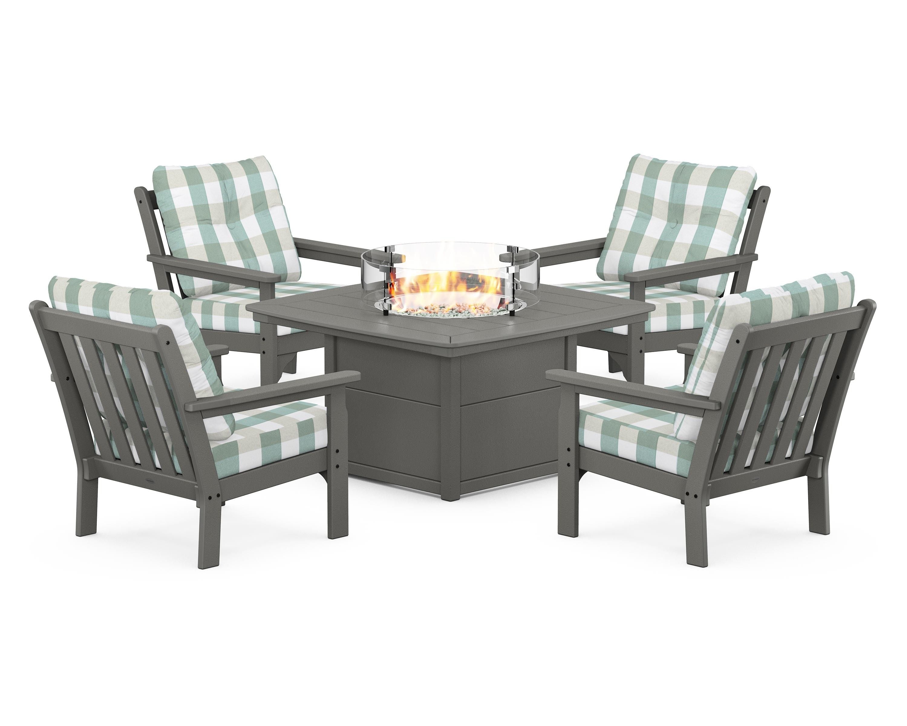 POLYWOOD® Vineyard 5-Piece Conversation Set with Fire Pit Table in Slate Grey / Buffalo Plaid Glacier Spa