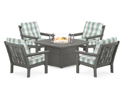 POLYWOOD® Vineyard 5-Piece Conversation Set with Fire Pit Table in Slate Grey / Buffalo Plaid Glacier Spa