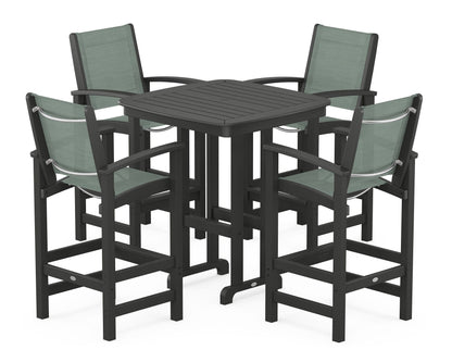 POLYWOOD® Coastal 5-Piece Bar Set in Black / Dupioni Sea Mist Sling