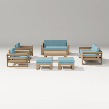PW Designer Series Latitude 7-Piece Lounge Loveseat Set in Vintage Sahara / Lattice Sky Blue