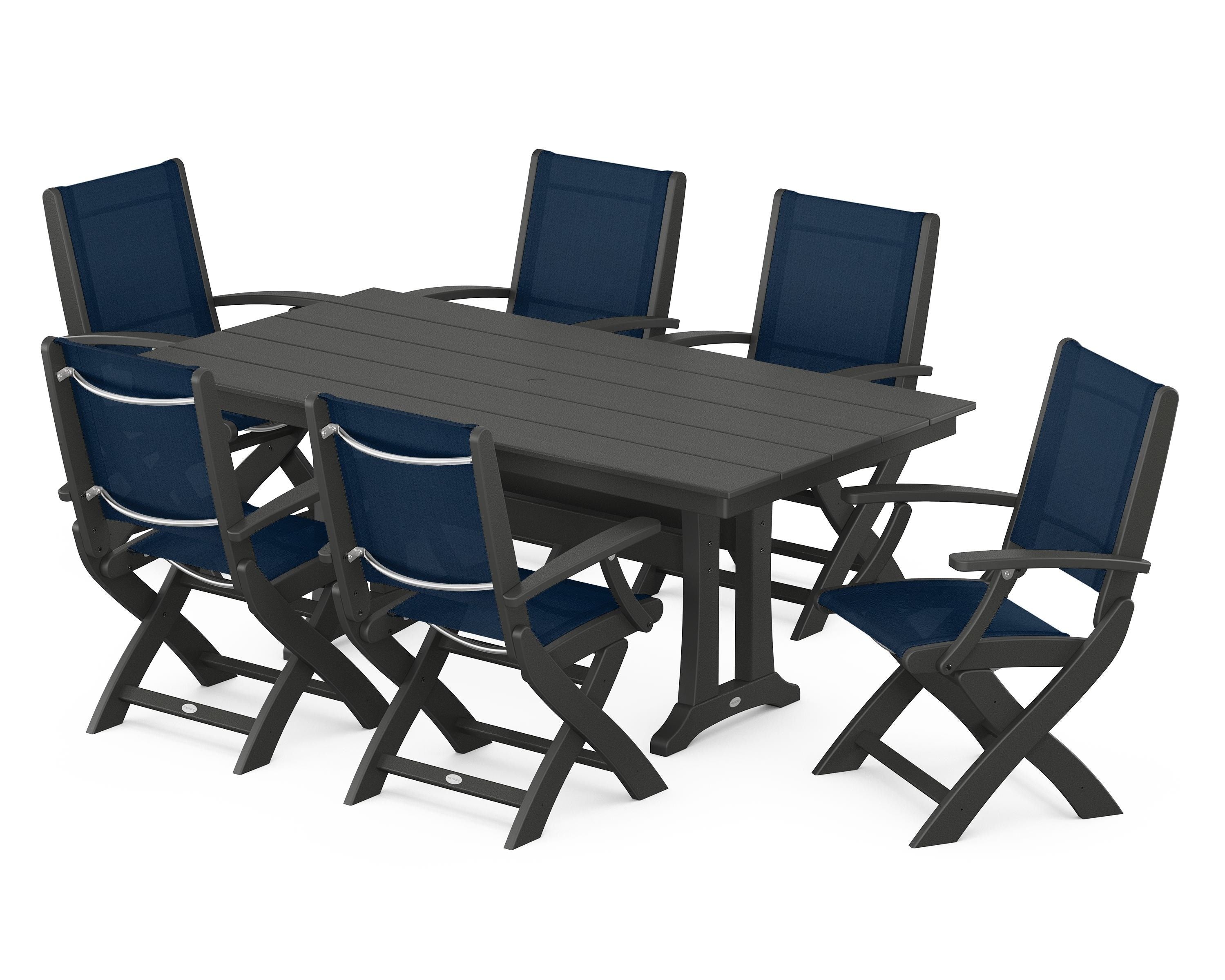 POLYWOOD® Coastal Folding Arm Chair 7-Piece Farmhouse Dining Set with Trestle Legs in Black / Navy Blue Sling