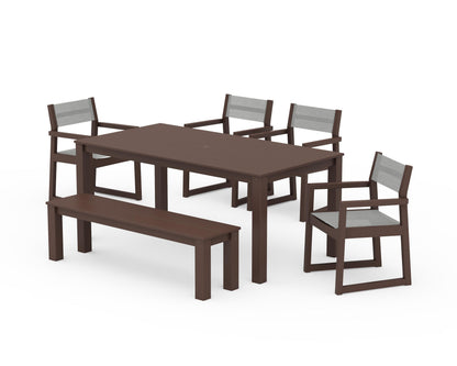 POLYWOOD® EDGE Sling Arm Chair 6-Piece Parsons Dining Set with Bench in Mahogany / Metallic Sling
