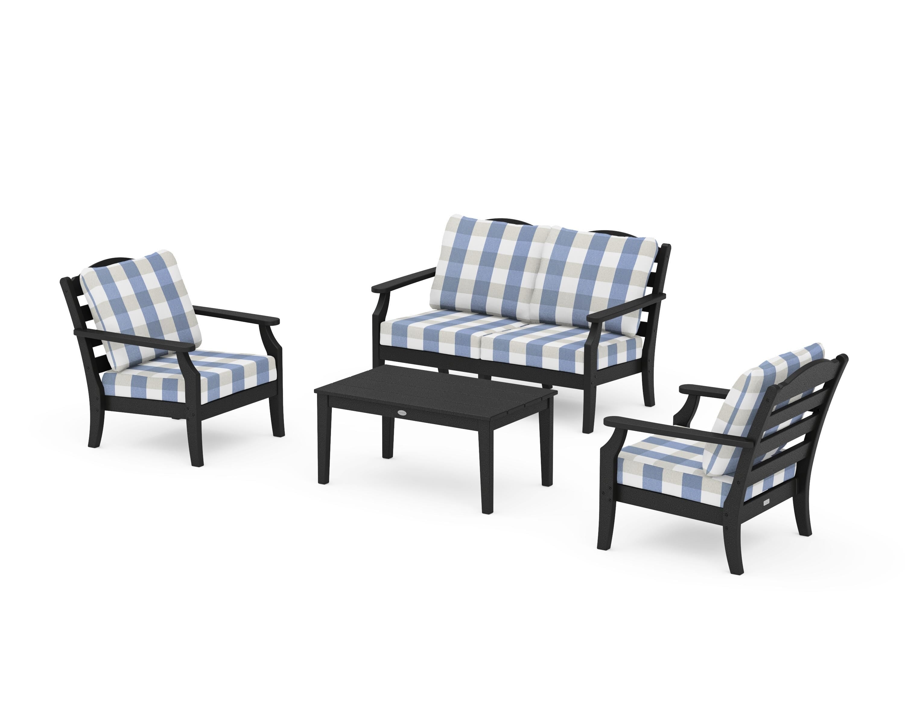 Draper James™ by  POLYWOOD® Savannah 4-Piece Deep Seating Set with Loveseat in Black / Buffalo Plaid Sky Blue