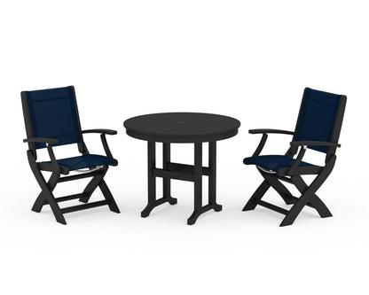 POLYWOOD® Coastal Folding Chair 3-Piece Round Dining Set in Black / Navy Blue Sling