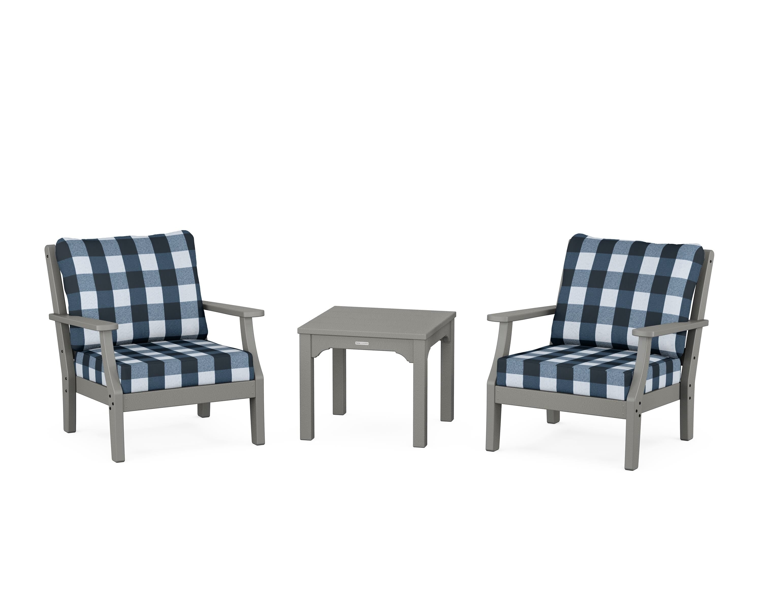Martha Stewart by POLYWOOD® Chinoiserie 3-Piece Deep Seating Set in Slate Grey / Buffalo Plaid Marine Indigo