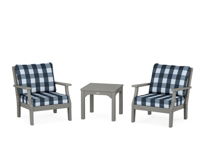 Martha Stewart by POLYWOOD® Chinoiserie 3-Piece Deep Seating Set in Slate Grey / Buffalo Plaid Marine Indigo