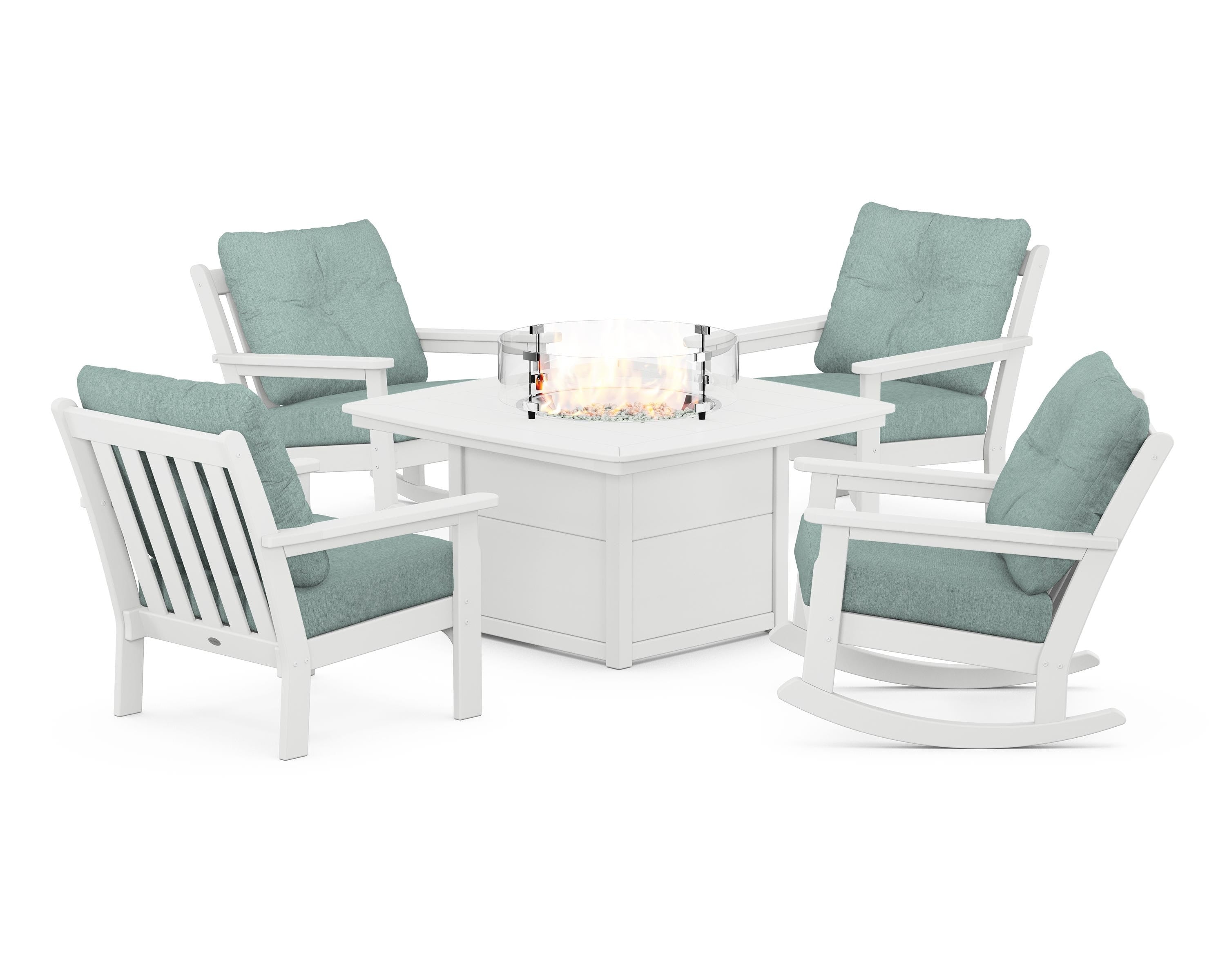 POLYWOOD® Vineyard 5-Piece Deep Seating Rocking Chair Conversation Set with Fire Pit Table in White / Glacier Spa