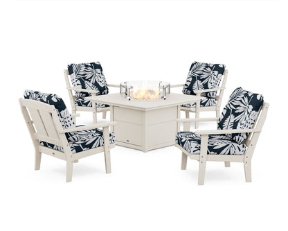 POLYWOOD® Mission 5-Piece Deep Seating Set with Fire Pit Table in Sand / Leaf Marine Indigo
