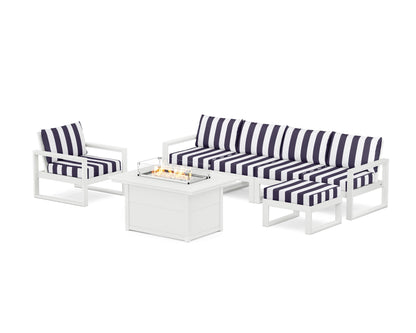 POLYWOOD® EDGE Sectional Lounge and Fire Pit Set in White / Cabana Stripe Navy