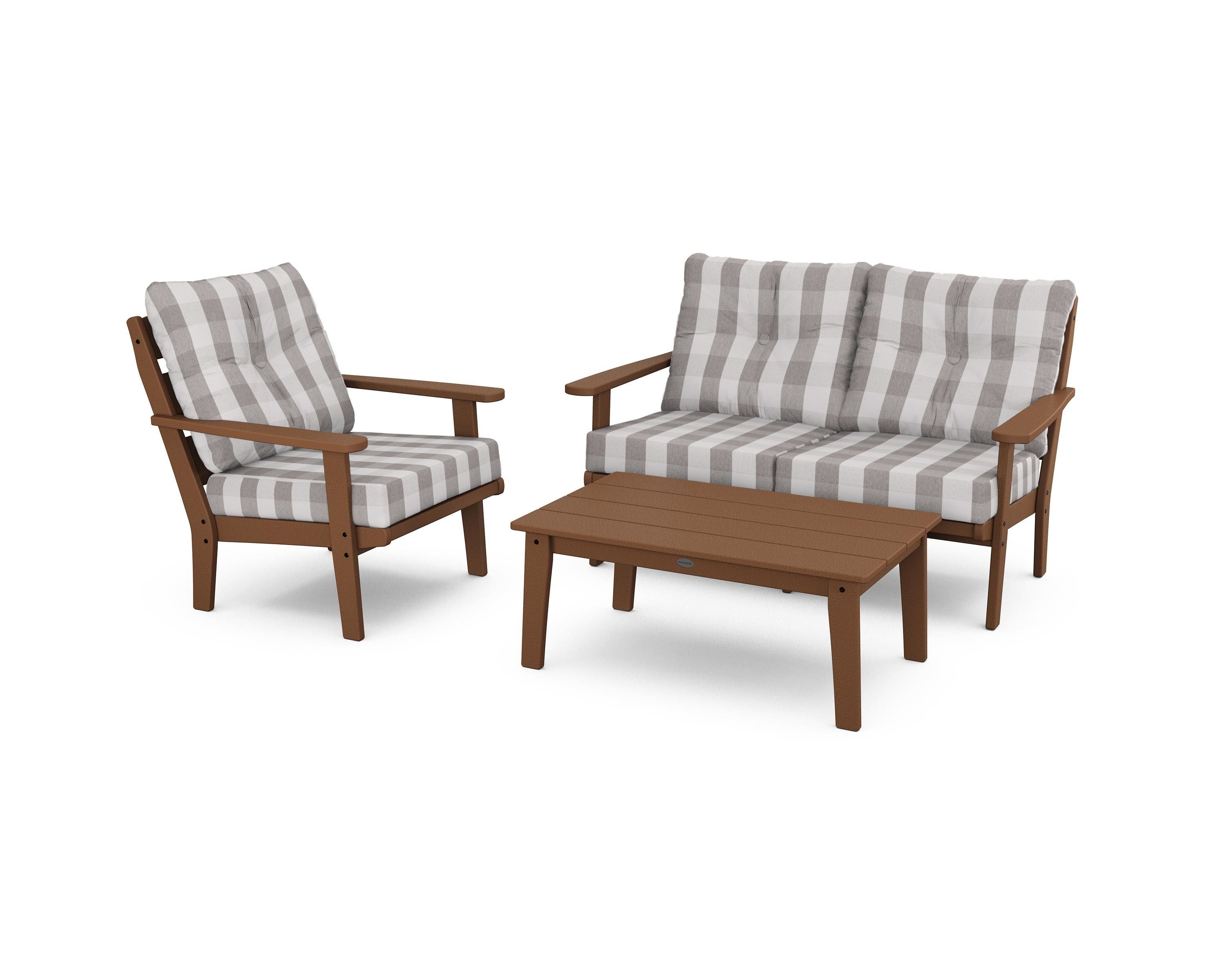 POLYWOOD® Lakeside 3-Piece Deep Seating Set in Teak / Buffalo Plaid Grey Mist