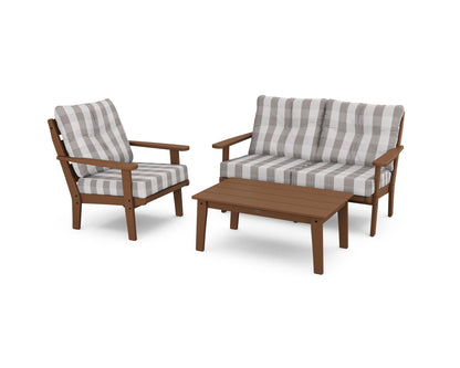 POLYWOOD® Lakeside 3-Piece Deep Seating Set in Teak / Buffalo Plaid Grey Mist