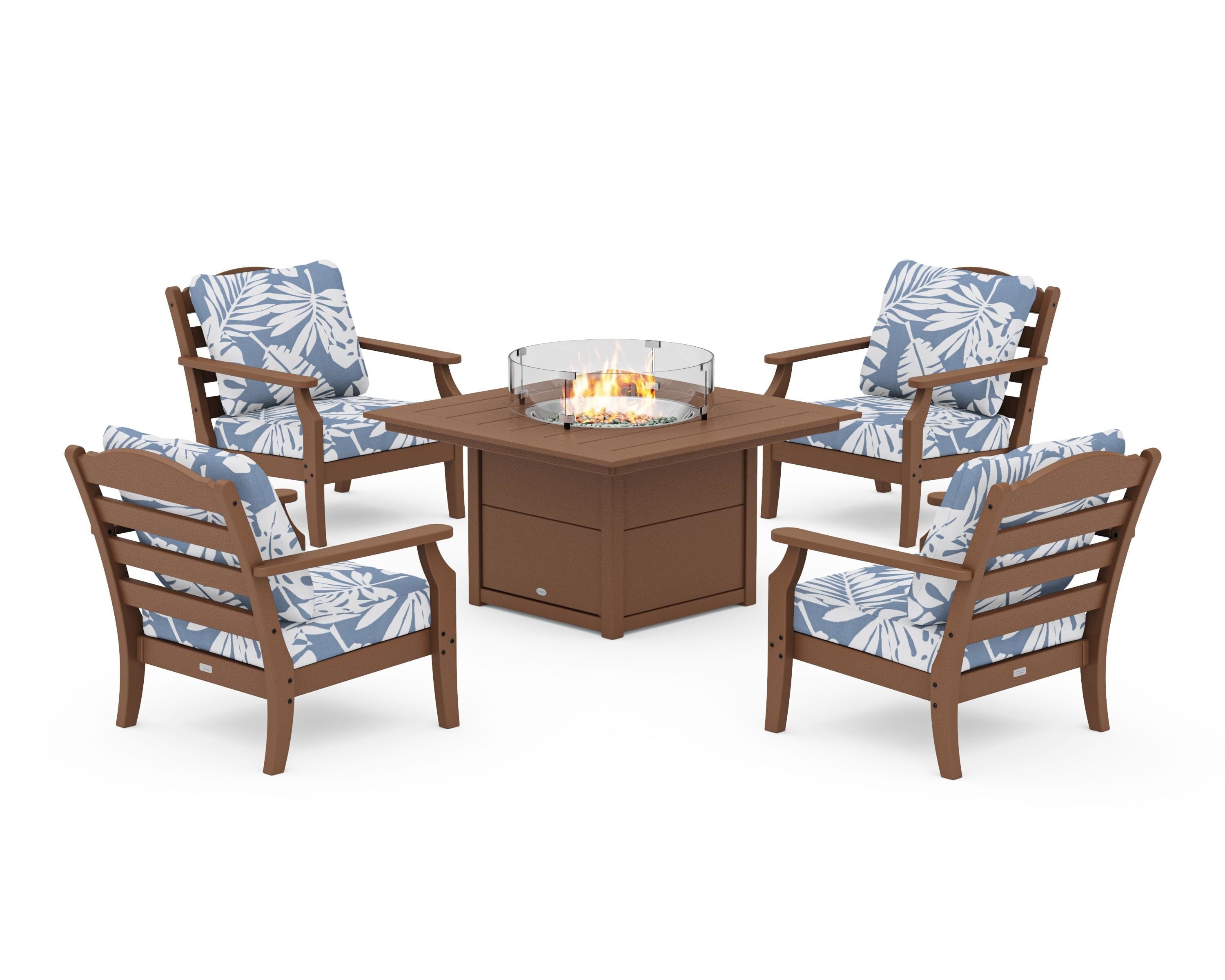 Draper James™ by  POLYWOOD® Savannah 5-Piece Deep Seating Set with Fire Pit Table in Teak / Leaf Sky Blue