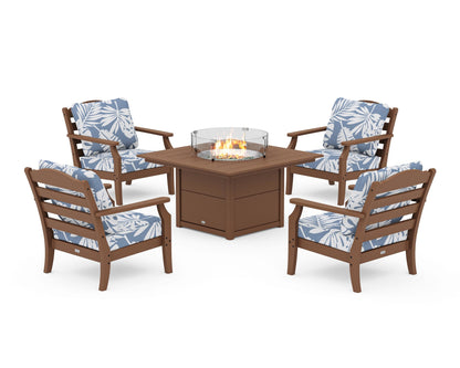 Draper James™ by  POLYWOOD® Savannah 5-Piece Deep Seating Set with Fire Pit Table in Teak / Leaf Sky Blue
