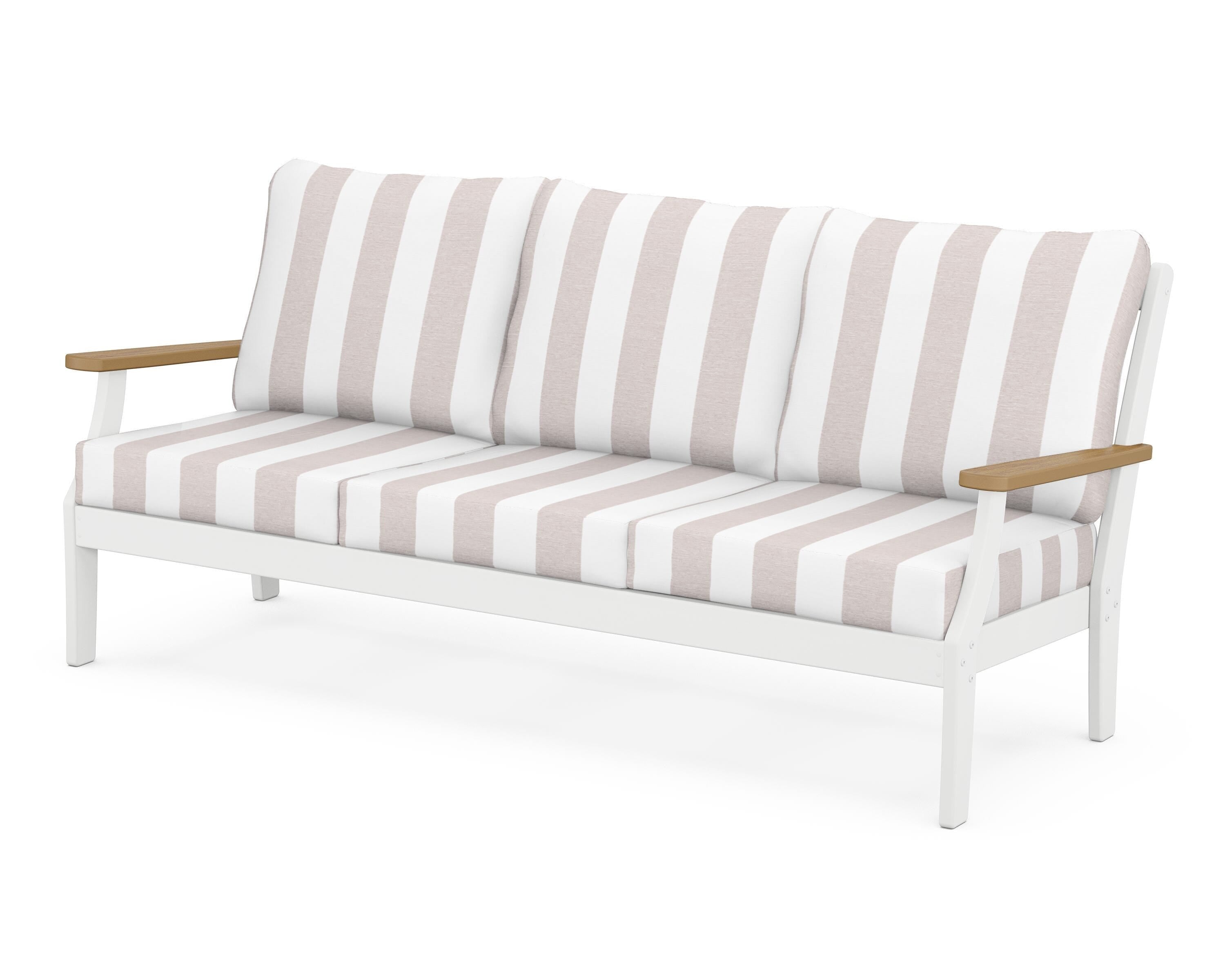 POLYWOOD® Braxton Deep Seating Sofa in White / Natural / Cabana Stripe Dune Burlap