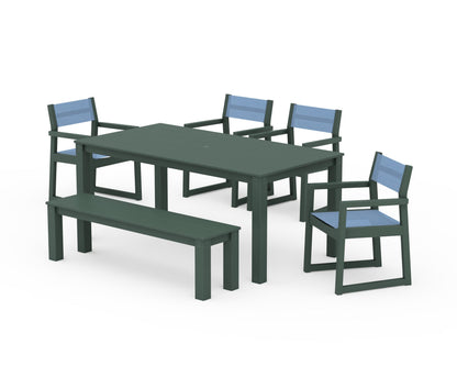 POLYWOOD® EDGE Sling Arm Chair 6-Piece Parsons Dining Set with Bench in Green / Poolside Sling