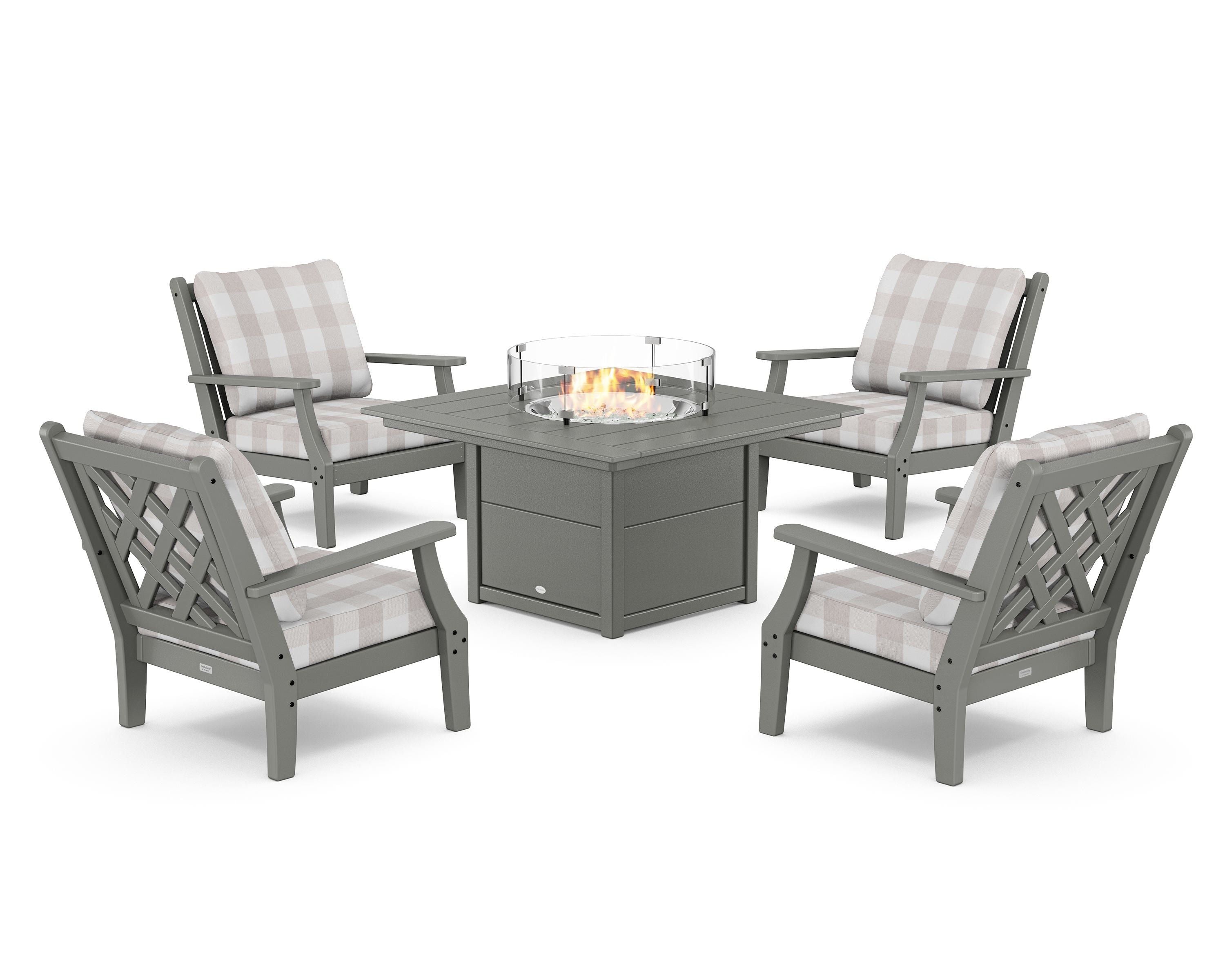 Country Living Wovendale 5-Piece Deep Seating Set with Fire Pit Table in Slate Grey / Buffalo Plaid Dune Burlap