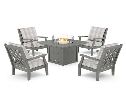 Country Living Wovendale 5-Piece Deep Seating Set with Fire Pit Table in Slate Grey / Buffalo Plaid Dune Burlap