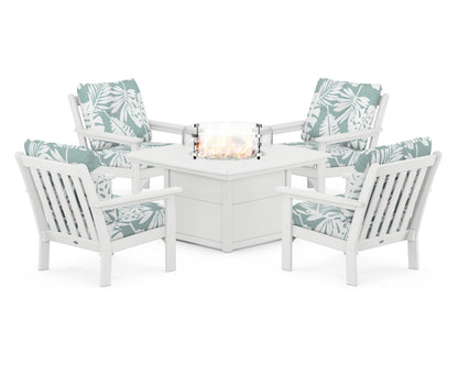 POLYWOOD® Vineyard 5-Piece Conversation Set with Fire Pit Table in White / Leaf Glacier Spa