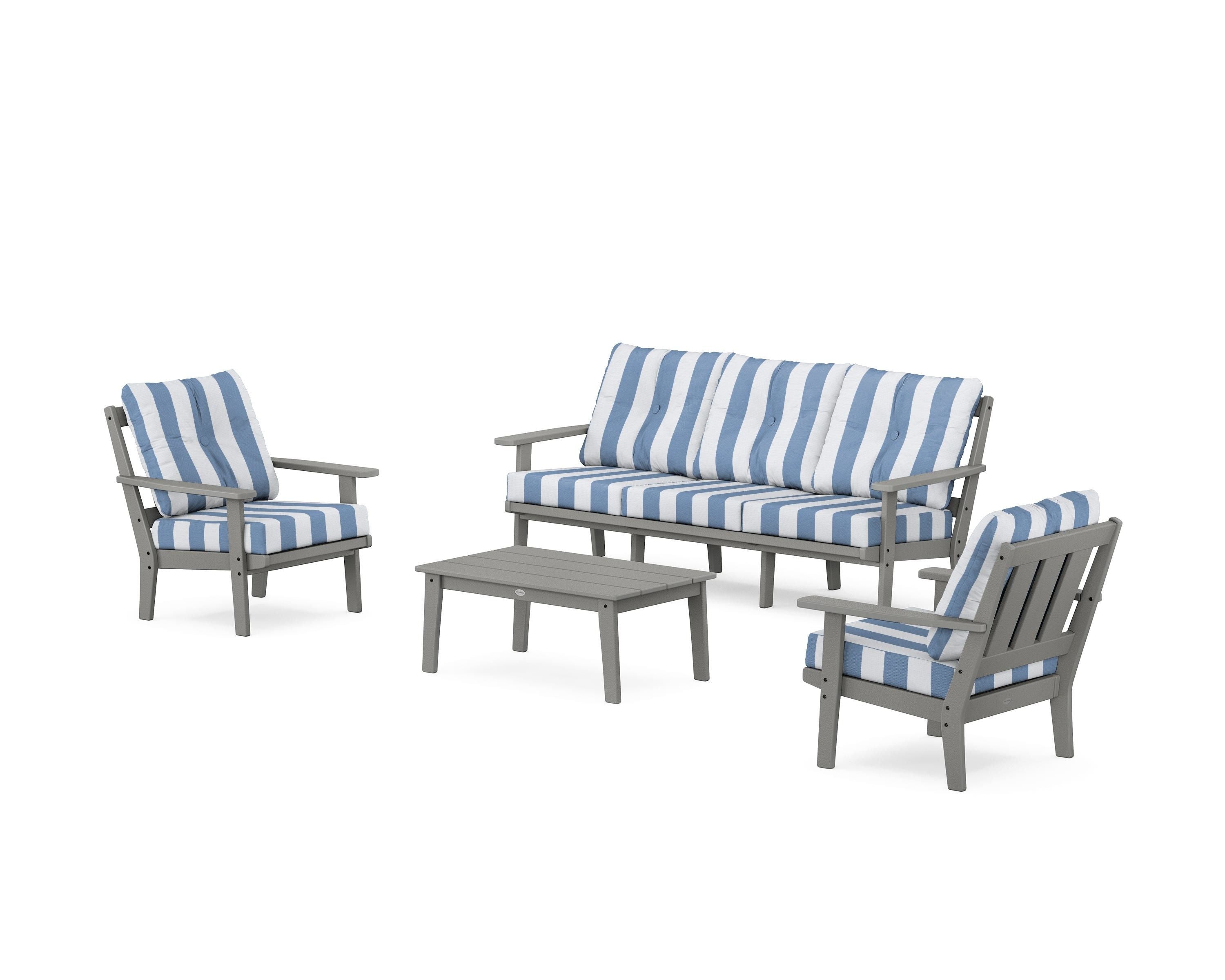 POLYWOOD® Oxford 4-Piece Deep Seating Set with Sofa in Slate Grey / Cabana Stripe Sky Blue