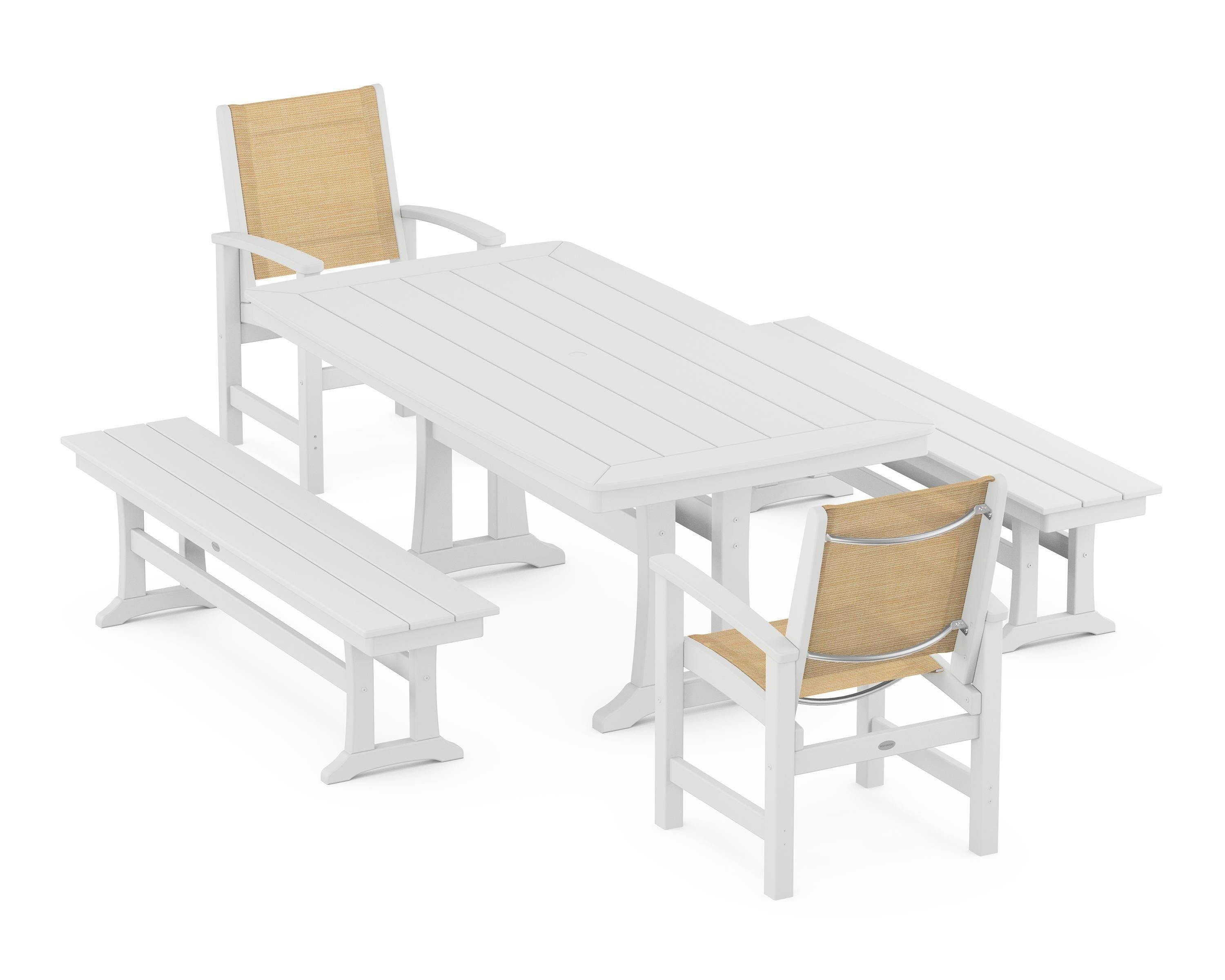 POLYWOOD® Coastal 5-Piece Dining Set with Trestle Legs and Benches in White / Dupioni Apricot Sling