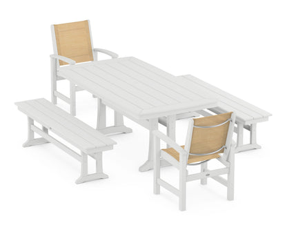 POLYWOOD® Coastal 5-Piece Dining Set with Trestle Legs and Benches in White / Dupioni Apricot Sling