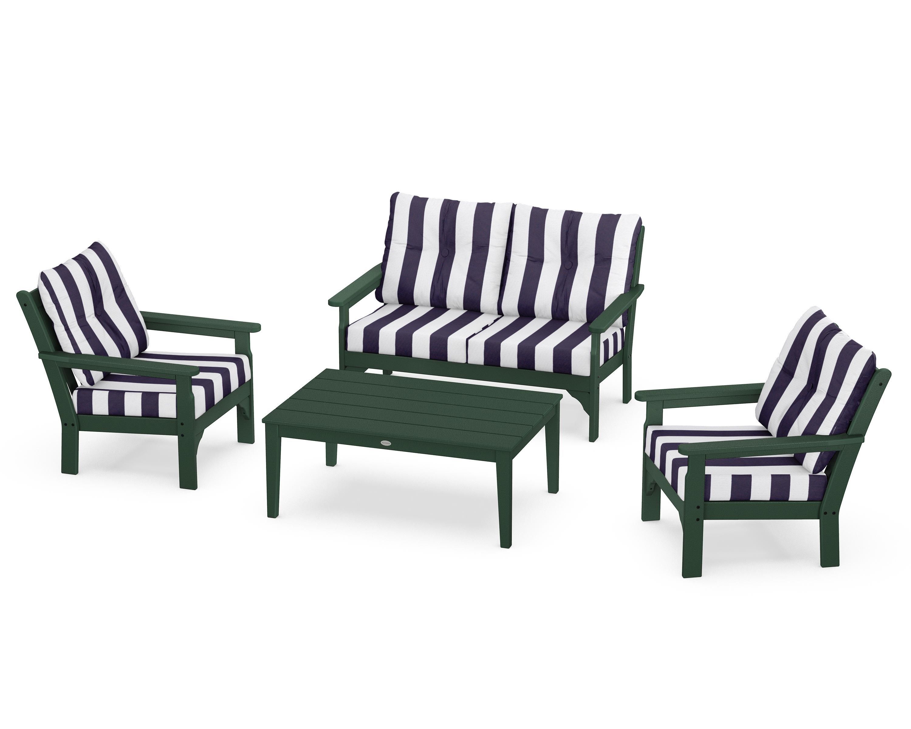 POLYWOOD® Vineyard 4-Piece Deep Seating Set in Green / Cabana Stripe Navy