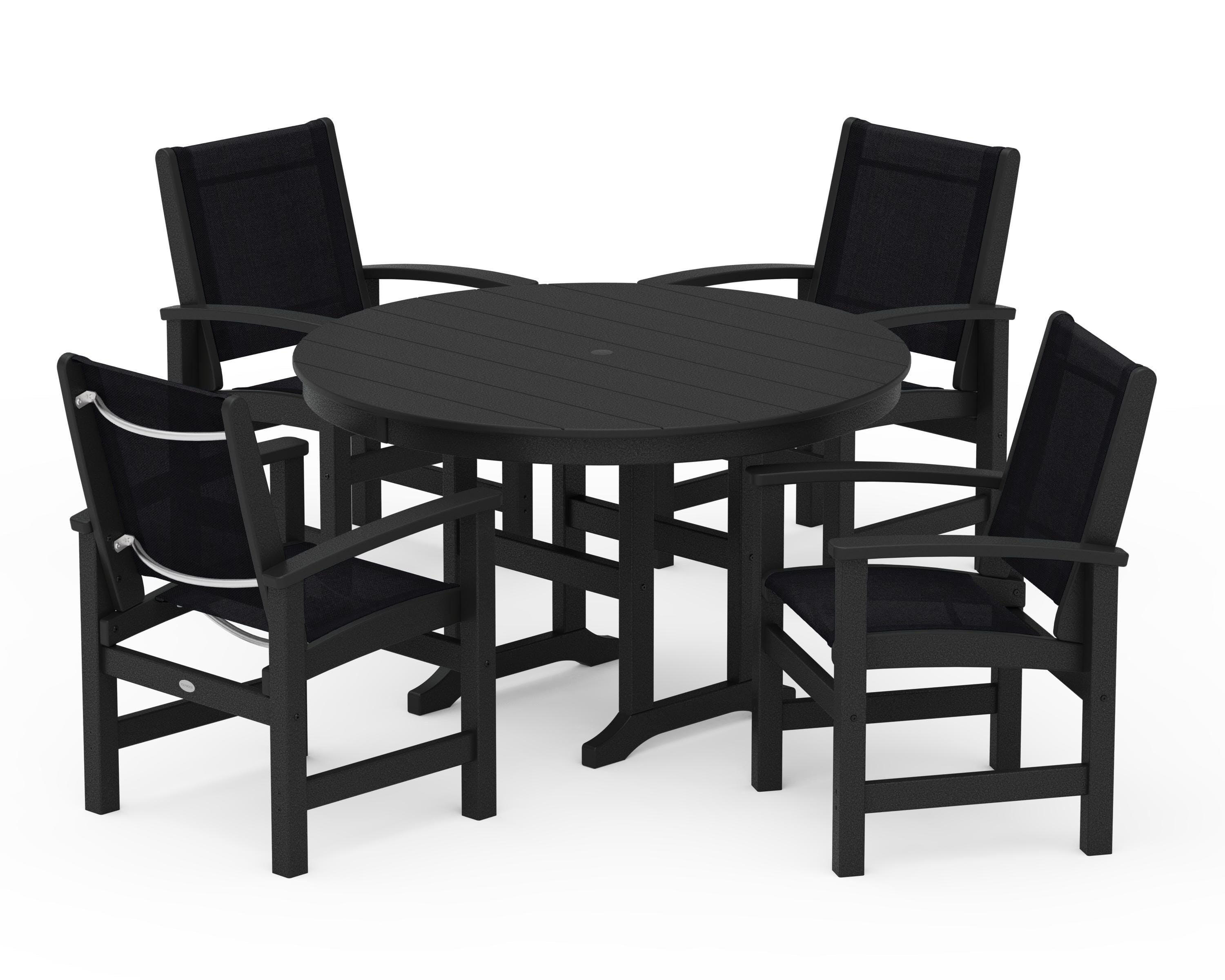 POLYWOOD® Coastal 5-Piece Round Farmhouse Dining Set in Black / Black Sling