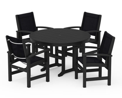 POLYWOOD® Coastal 5-Piece Round Farmhouse Dining Set in Black / Black Sling
