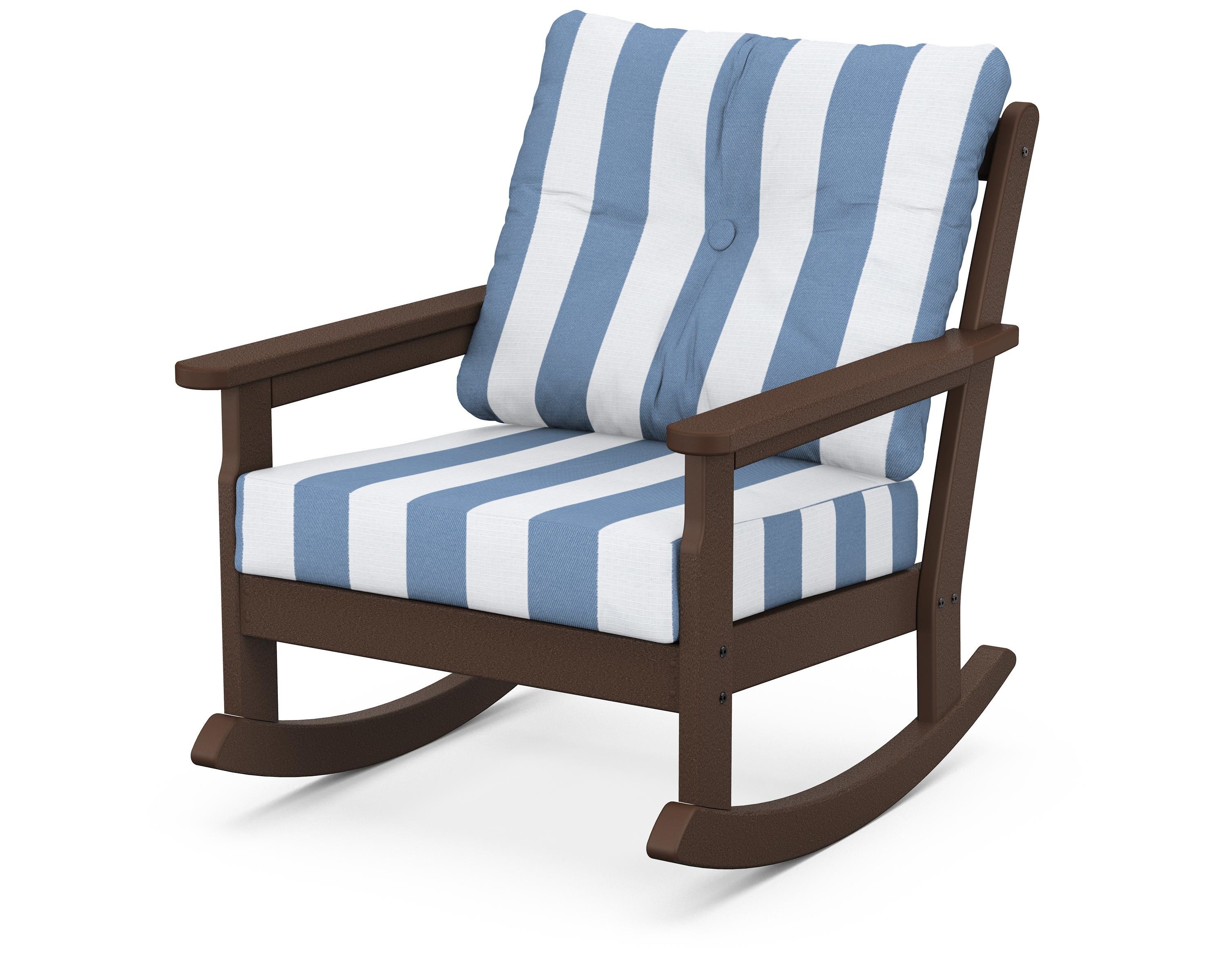 POLYWOOD® Vineyard Deep Seating Rocking Chair in Mahogany / Cabana Stripe Sky Blue