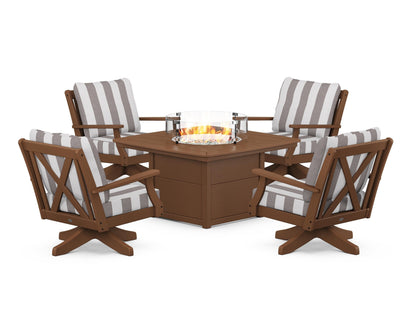 POLYWOOD® Braxton 5-Piece Deep Seating Swivel Conversation Set with Fire Pit Table in Teak / Cabana Stripe Grey Mist