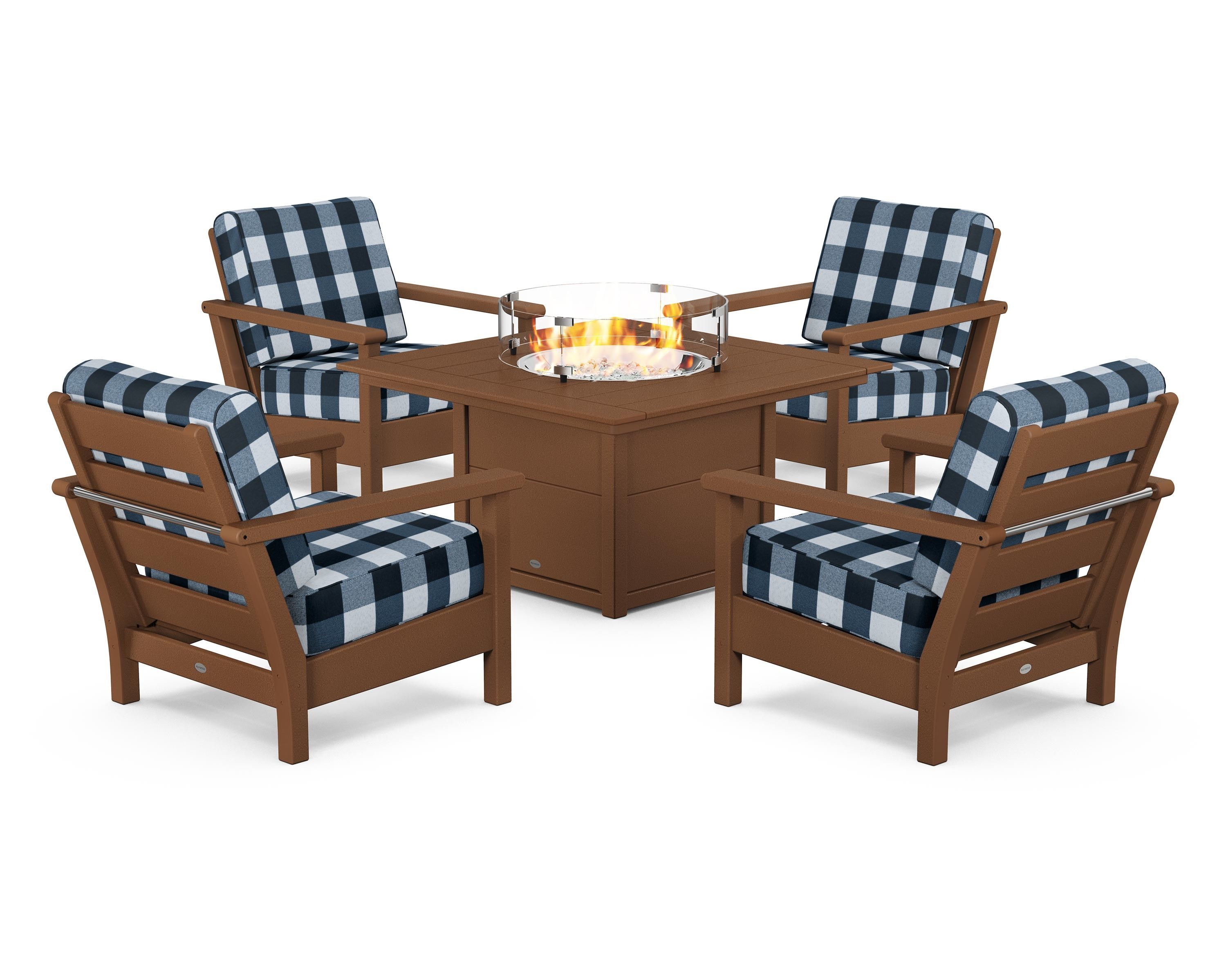 POLYWOOD® Harbour 5-Piece Conversation Set with Fire Pit Table in Teak / Buffalo Plaid Marine Indigo
