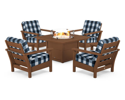 POLYWOOD® Harbour 5-Piece Conversation Set with Fire Pit Table in Teak / Buffalo Plaid Marine Indigo