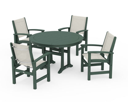 POLYWOOD® Coastal 5-Piece Round Dining Set with Trestle Legs in Green / Parchment Sling