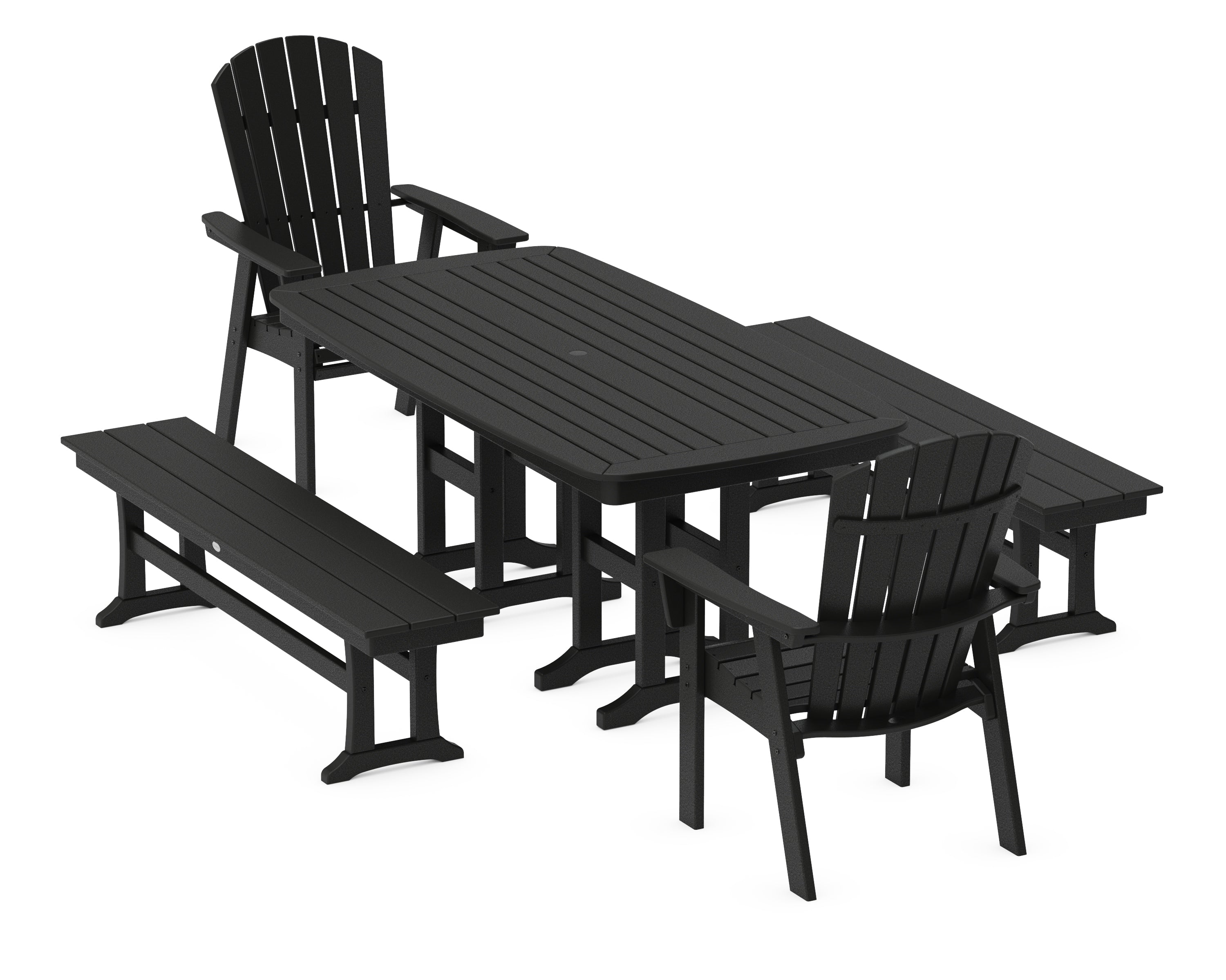 POLYWOOD® Nautical Curveback Adirondack 5-Piece Dining Set with Benches in Black