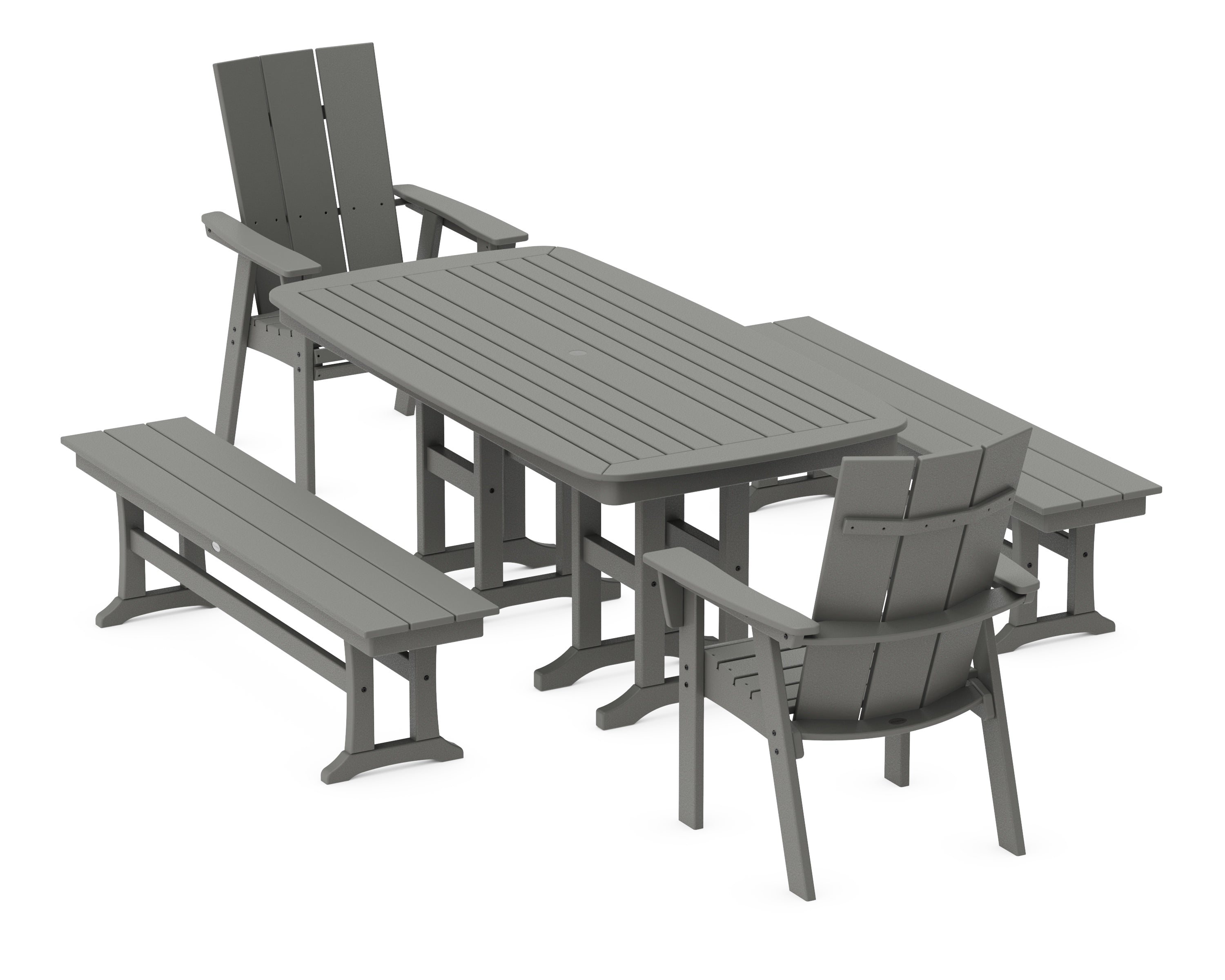POLYWOOD® Modern Curveback Adirondack 5-Piece Dining Set with Benches in Slate Grey