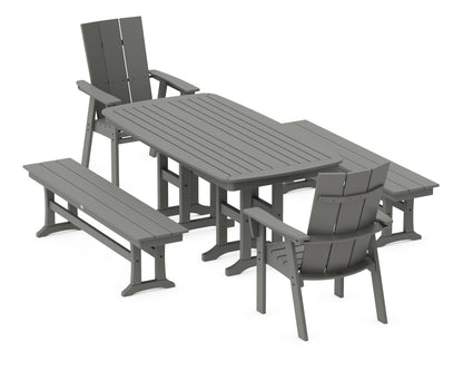 POLYWOOD® Modern Curveback Adirondack 5-Piece Dining Set with Benches in Slate Grey