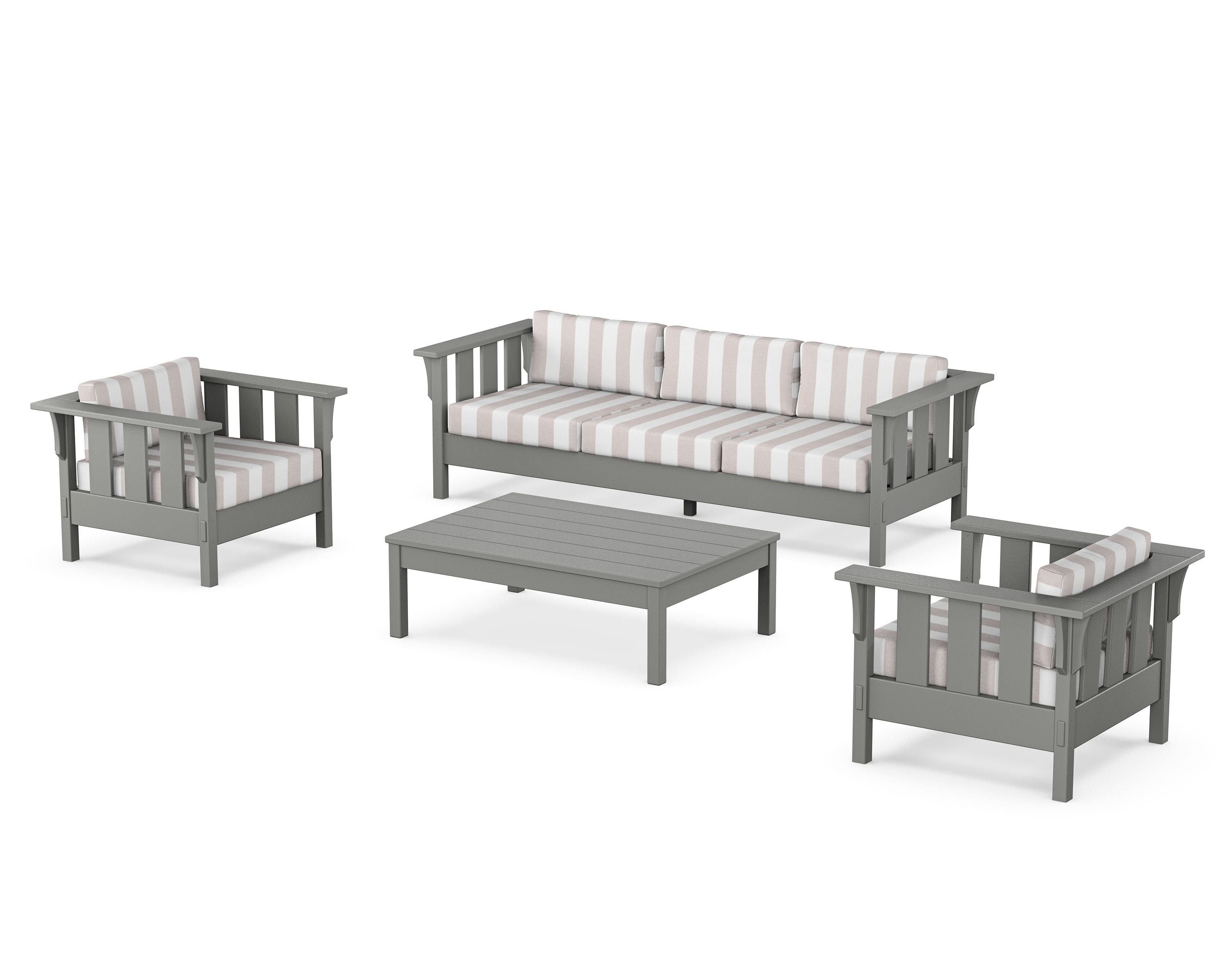 Martha Stewart by POLYWOOD® Acadia 4-Piece Deep Seating Set with Sofa in Slate Grey / Cabana Stripe Dune Burlap