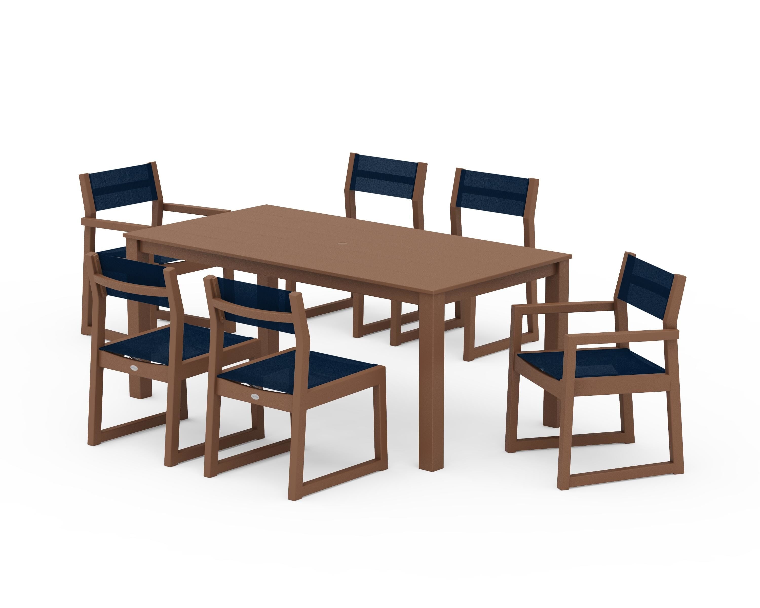 POLYWOOD® EDGE Sling 7-Piece Parsons Dining Set in Teak / Navy Blue Sling