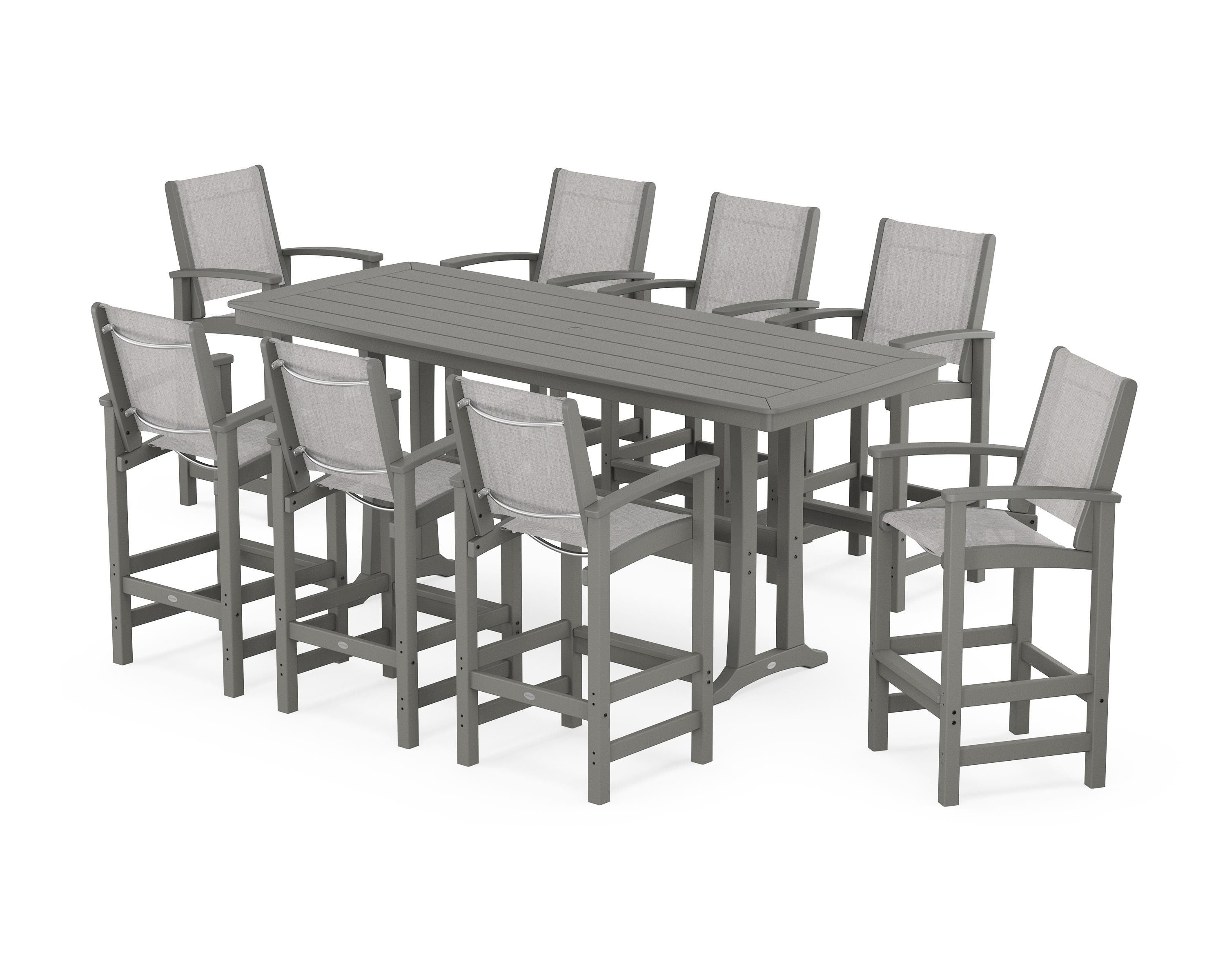 POLYWOOD® Coastal 9-Piece Bar Set with Trestle Legs in Slate Grey / Parchment Sling