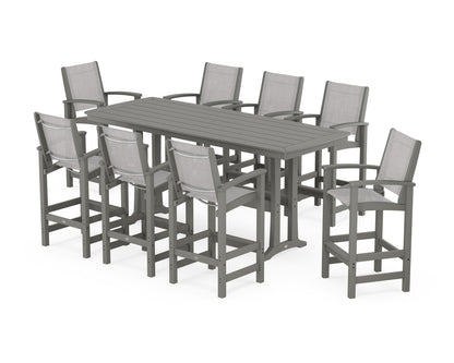 POLYWOOD® Coastal 9-Piece Bar Set with Trestle Legs in Slate Grey / Parchment Sling