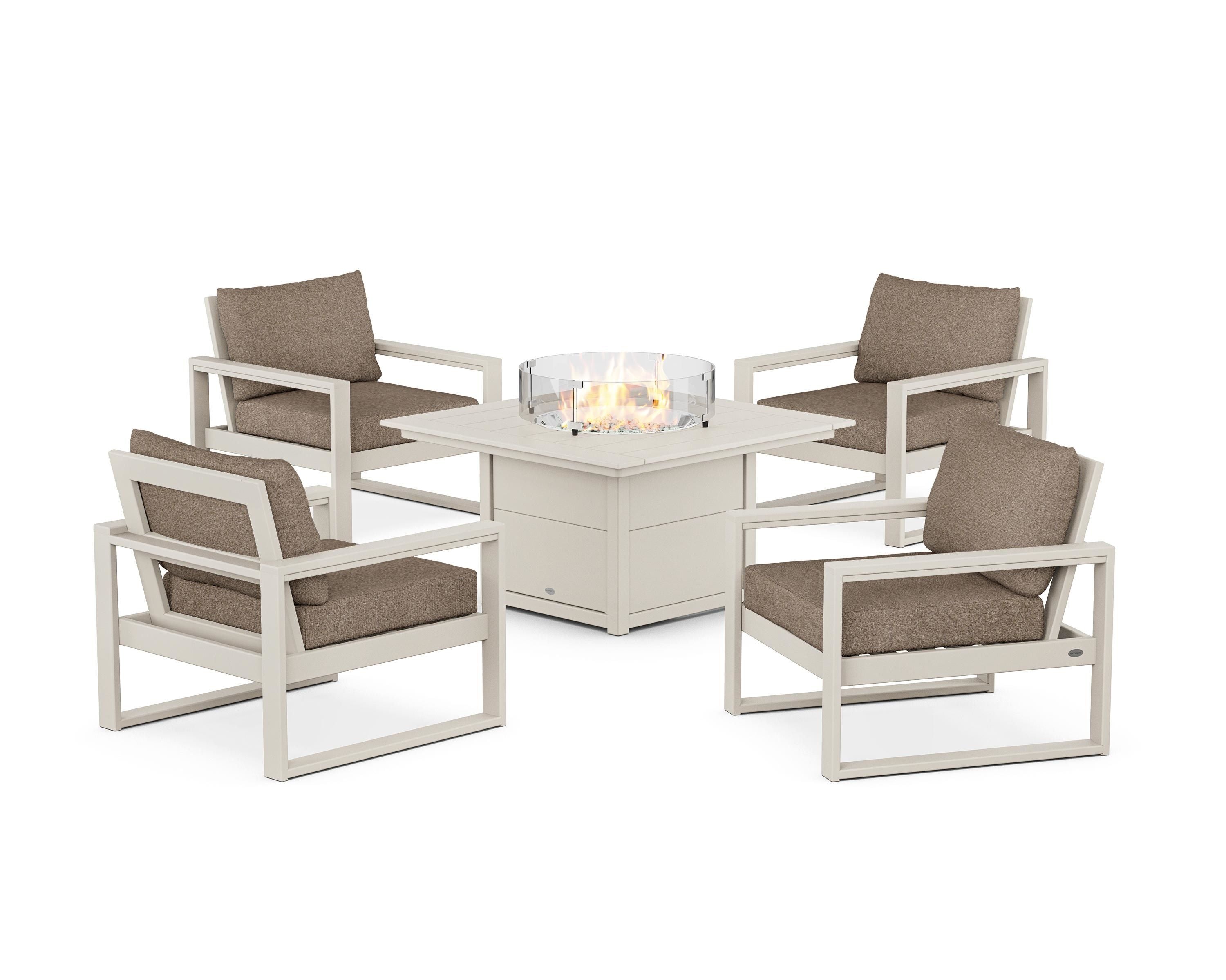 POLYWOOD® EDGE Sectional 5-Piece Deep Seating Set with Fire Pit Table in Sand / Spiced Burlap