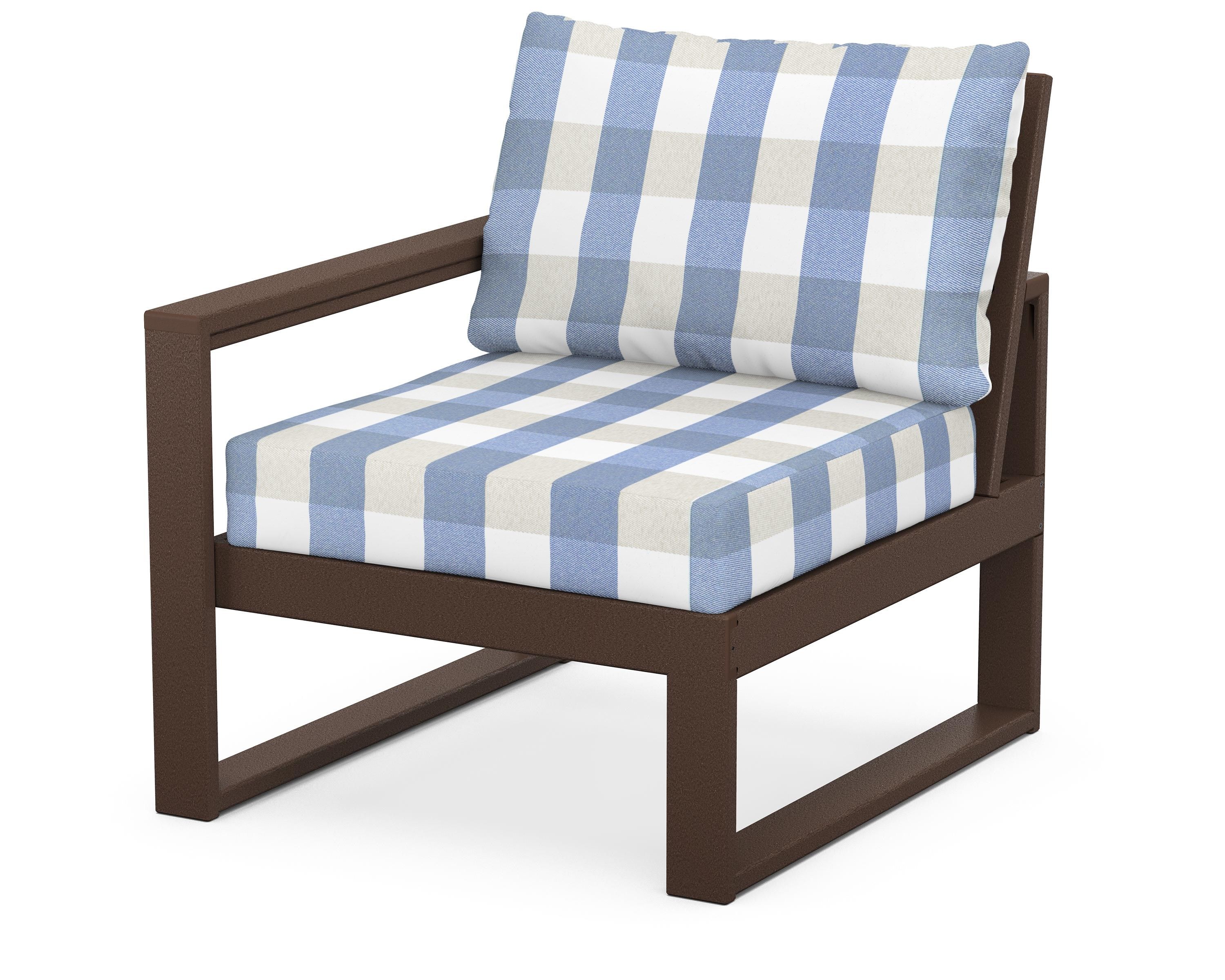 POLYWOOD® EDGE Modular Left Arm Chair in Mahogany / Buffalo Plaid Sky Blue