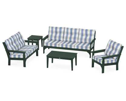 POLYWOOD® Vineyard 5 Piece Deep Seating Set in Green / Buffalo Plaid Sky Blue