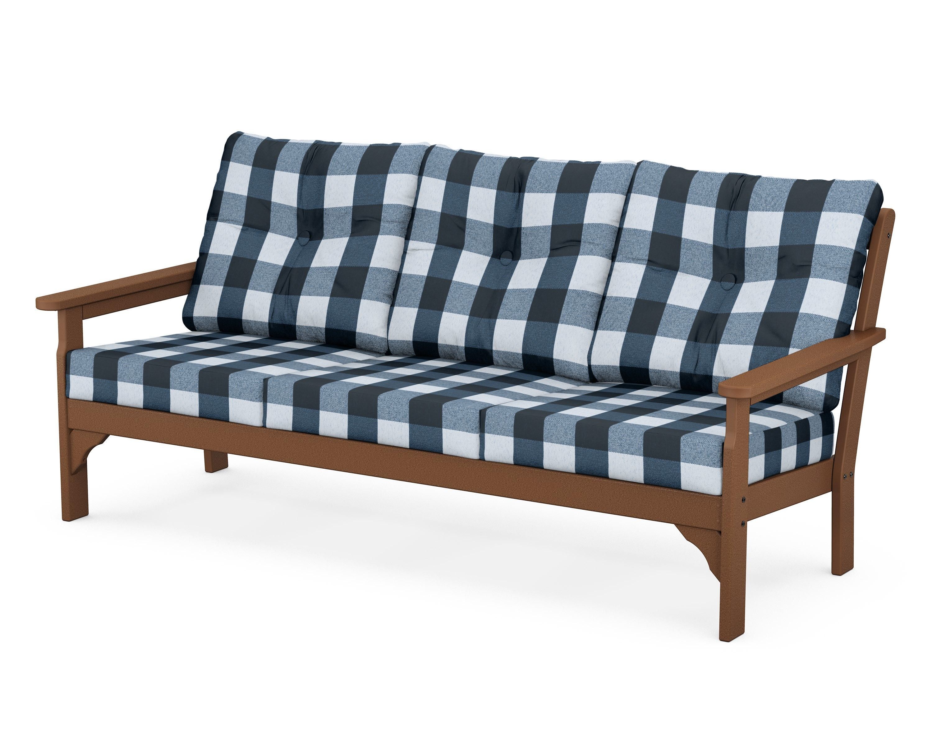 POLYWOOD® Vineyard Deep Seating Sofa in Teak / Buffalo Plaid Marine Indigo