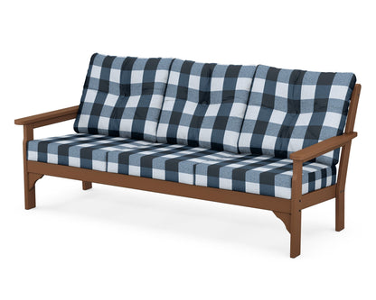 POLYWOOD® Vineyard Deep Seating Sofa in Teak / Buffalo Plaid Marine Indigo