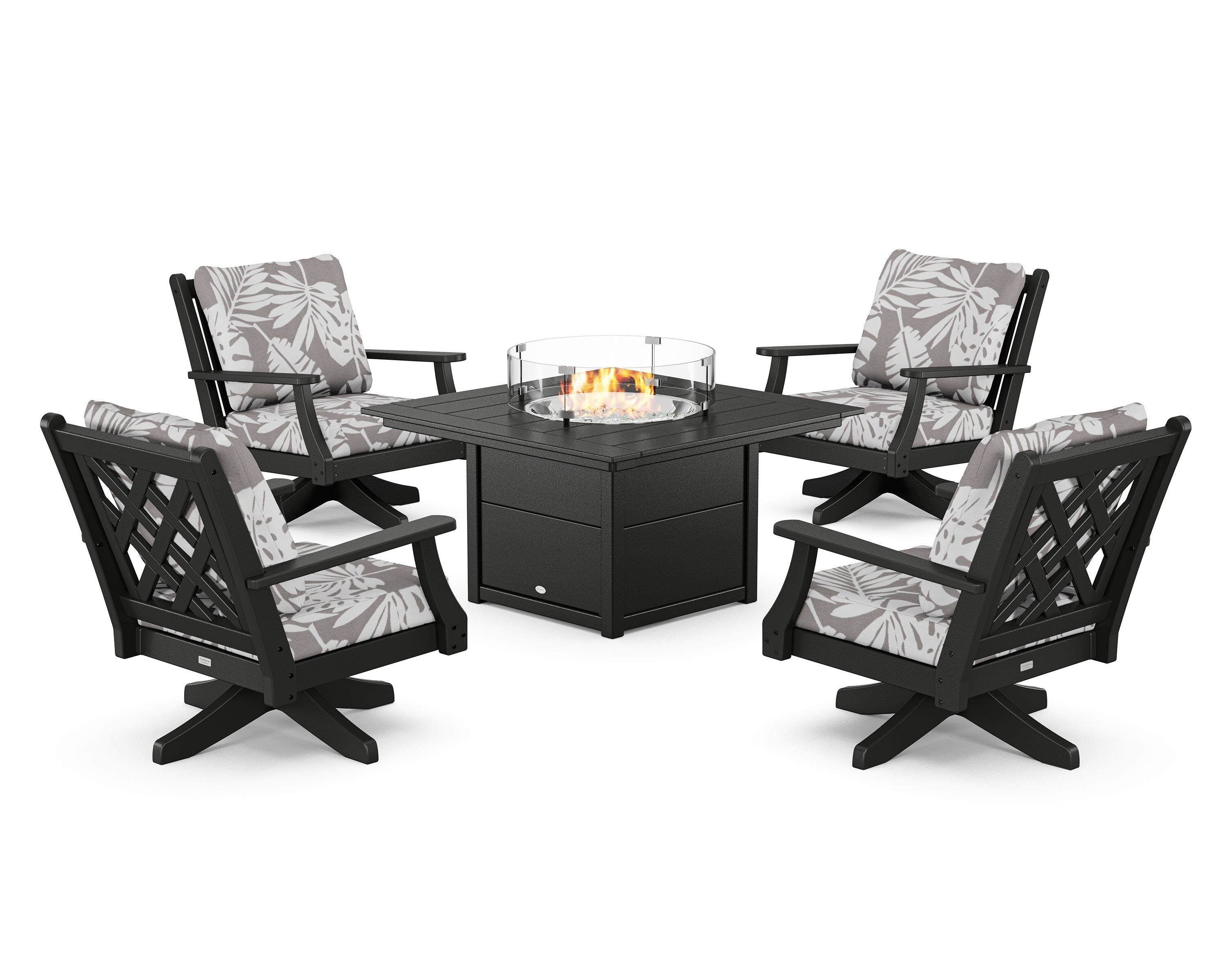 Country Living Wovendale 5-Piece Deep Seating Swivel Conversation Set with Fire Pit Table in Black / Leaf Grey Mist